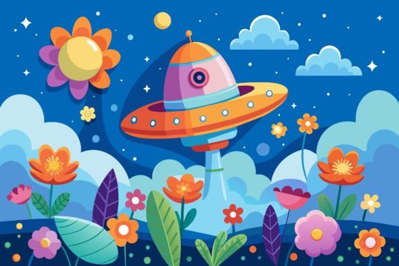 Download Spaceship Sky Cartoon with Flowers on a - Flower Collection