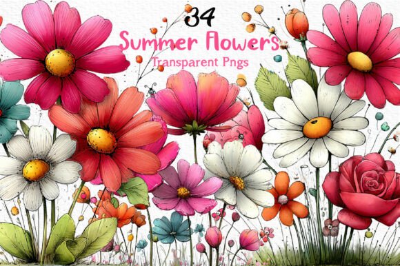 Download Whimsical Summer Flowers Clipart PNG - Flower Collection