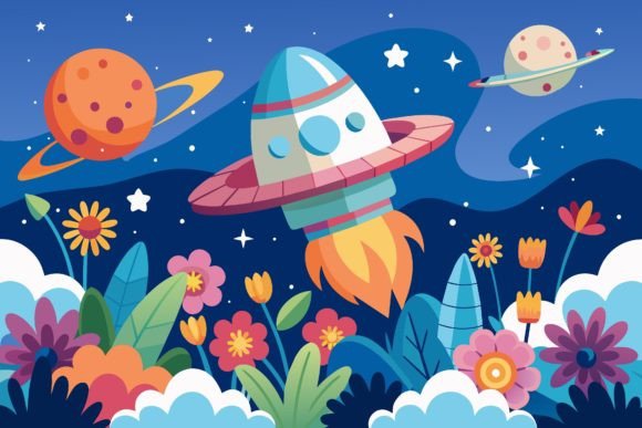 Download Spaceship Sky Cartoon with Flowers on a - Flower Collection
