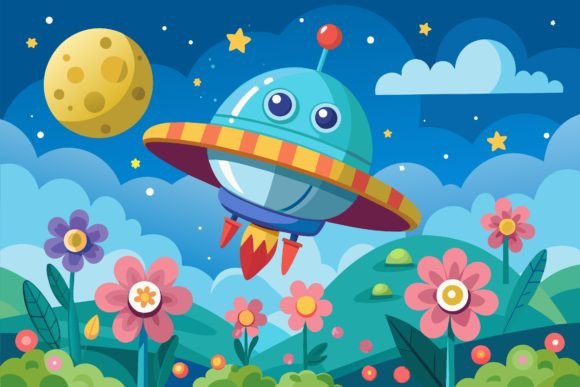 Download Spaceship Sky Cartoon with Flowers on a - Flower Collection