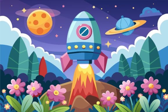 Download Spaceship Sky Cartoon with Flowers on a - Flower Collection