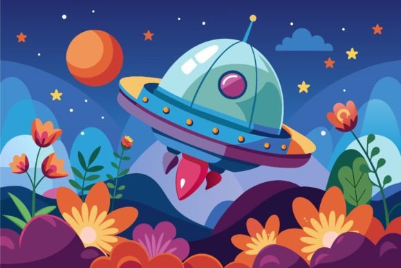 Download Spaceship Sky Cartoon with Flowers on a - Flower Collection