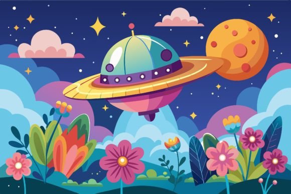 Download Spaceship Sky Cartoon with Flowers on a - Flower Collection