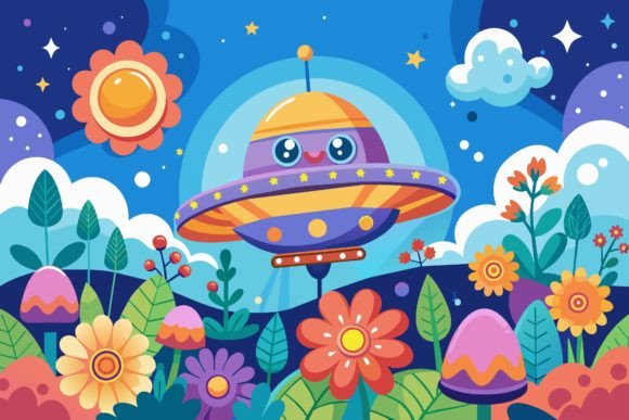 Download Spaceship Sky Cartoon with Flowers on a - Flower Collection