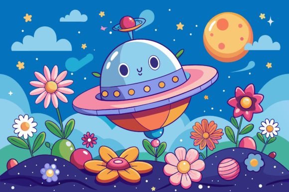 Download Spaceship Sky Cartoon with Flowers on a - Flower Collection